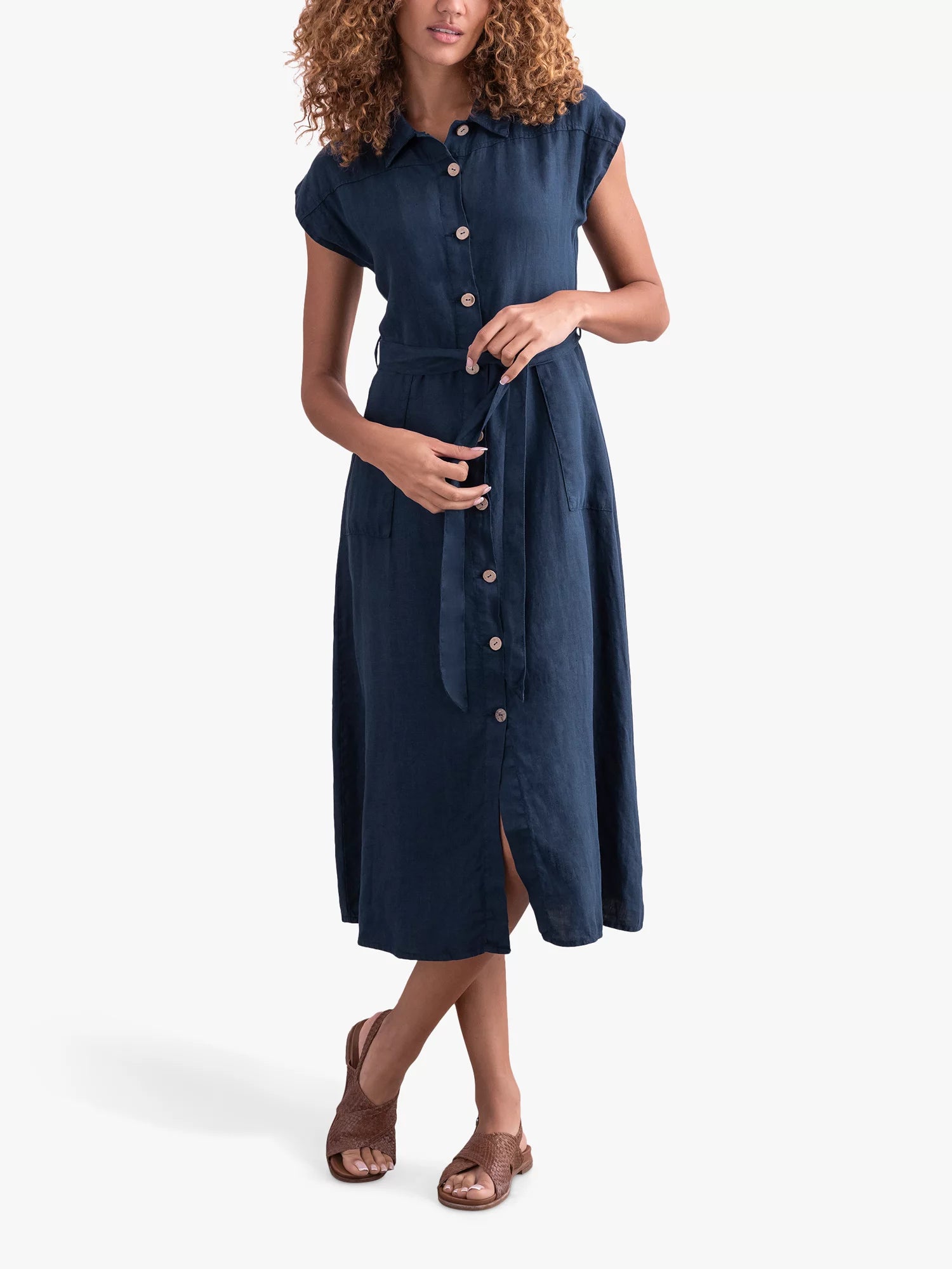 Linen Button Through Shirt Midi Dress, Dark Navy