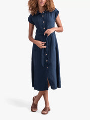 Linen Button Through Shirt Midi Dress, Dark Navy