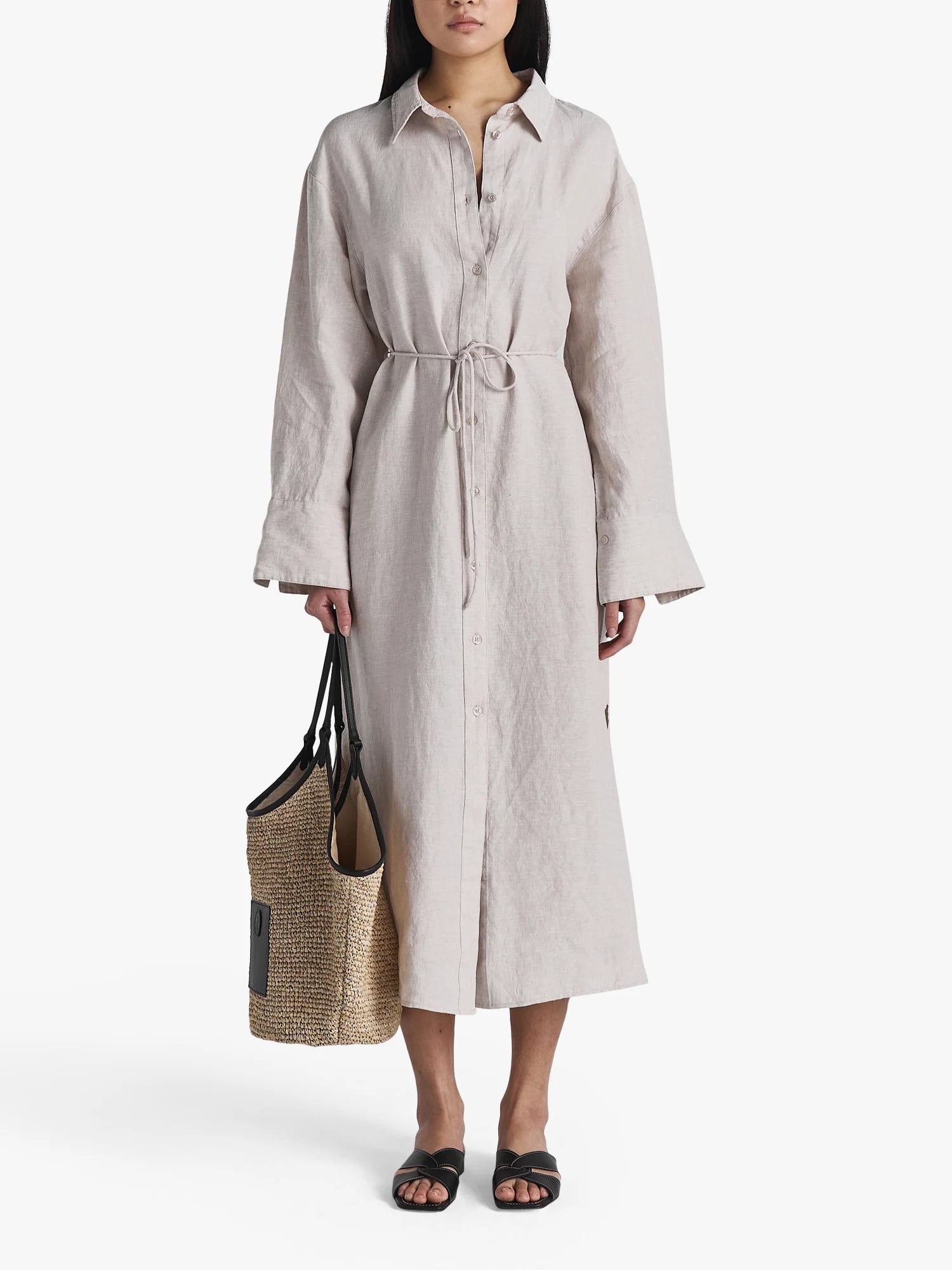 Linen Midi Shirt Dress, Beige Melange