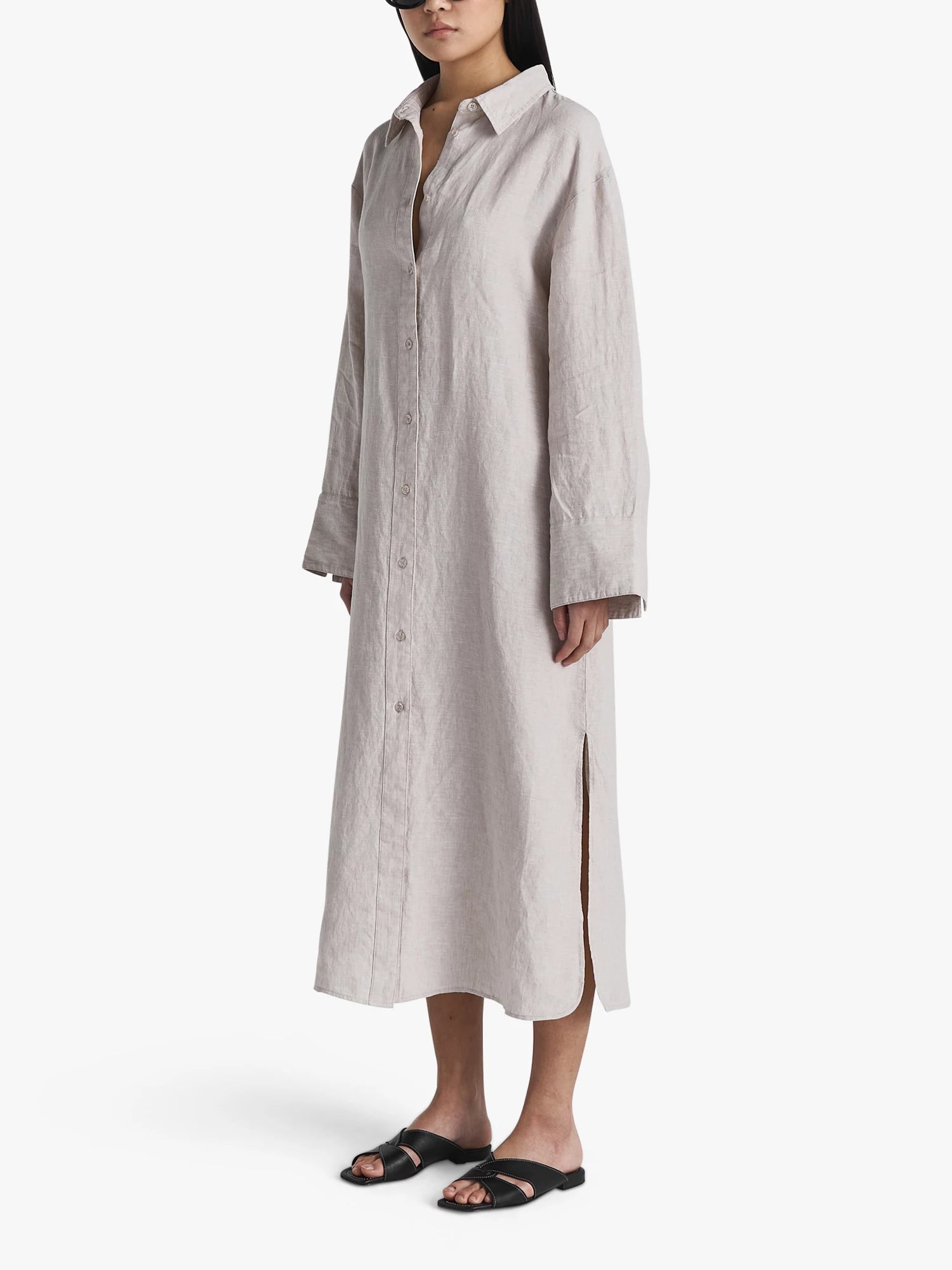 Linen Midi Shirt Dress, Beige Melange