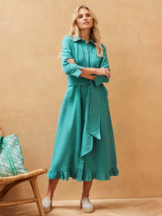 Linen Frill Hem Midi Shirt Dress, Ocean