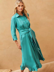 Linen Frill Hem Midi Shirt Dress, Ocean