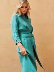 Linen Frill Hem Midi Shirt Dress, Ocean