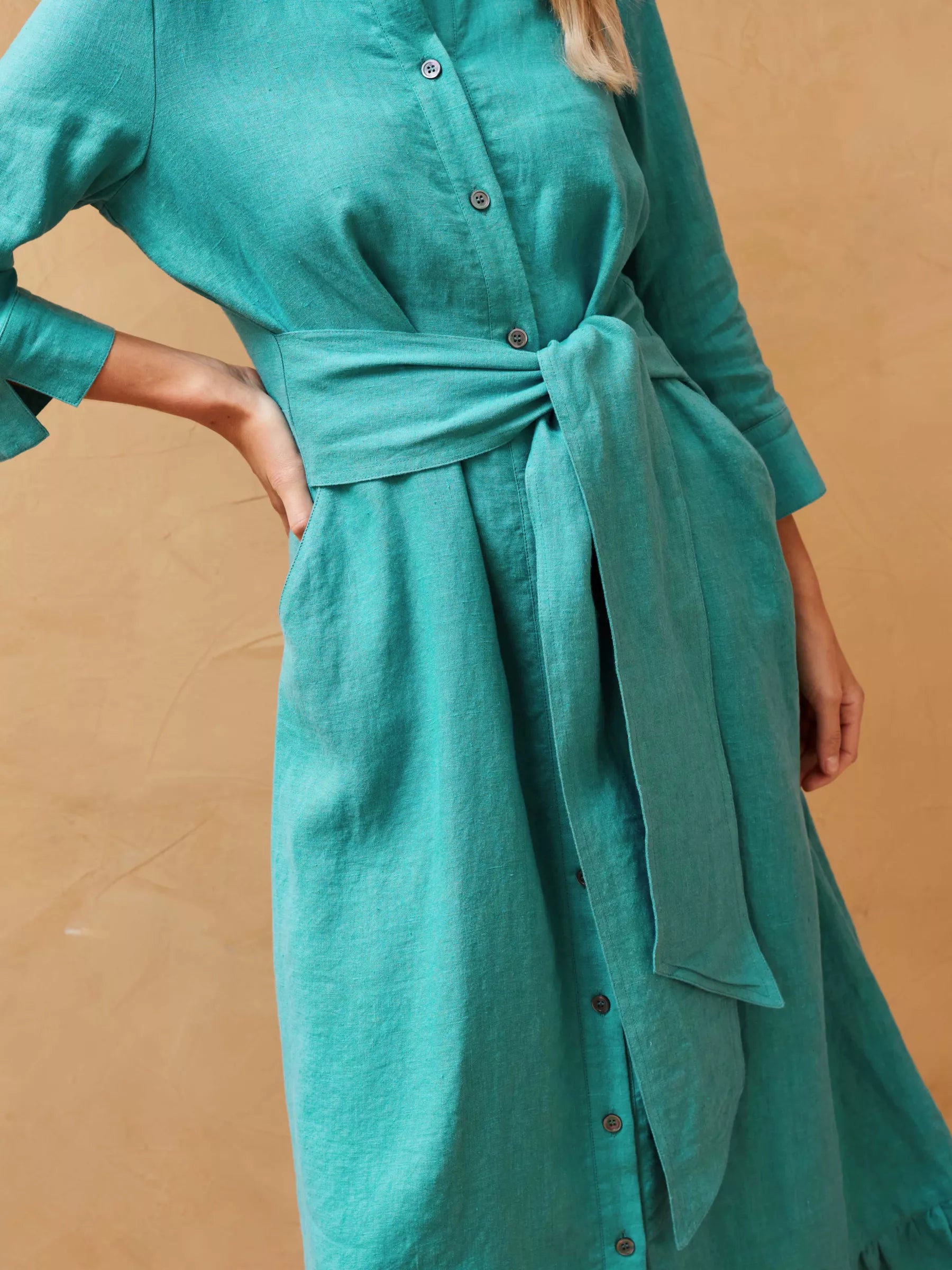 Linen Frill Hem Midi Shirt Dress, Ocean