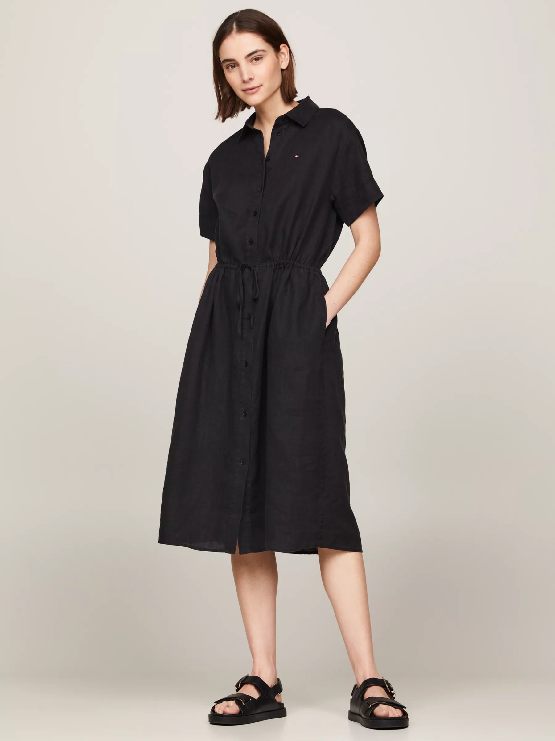 Linen Shirt Midi Dress, Black