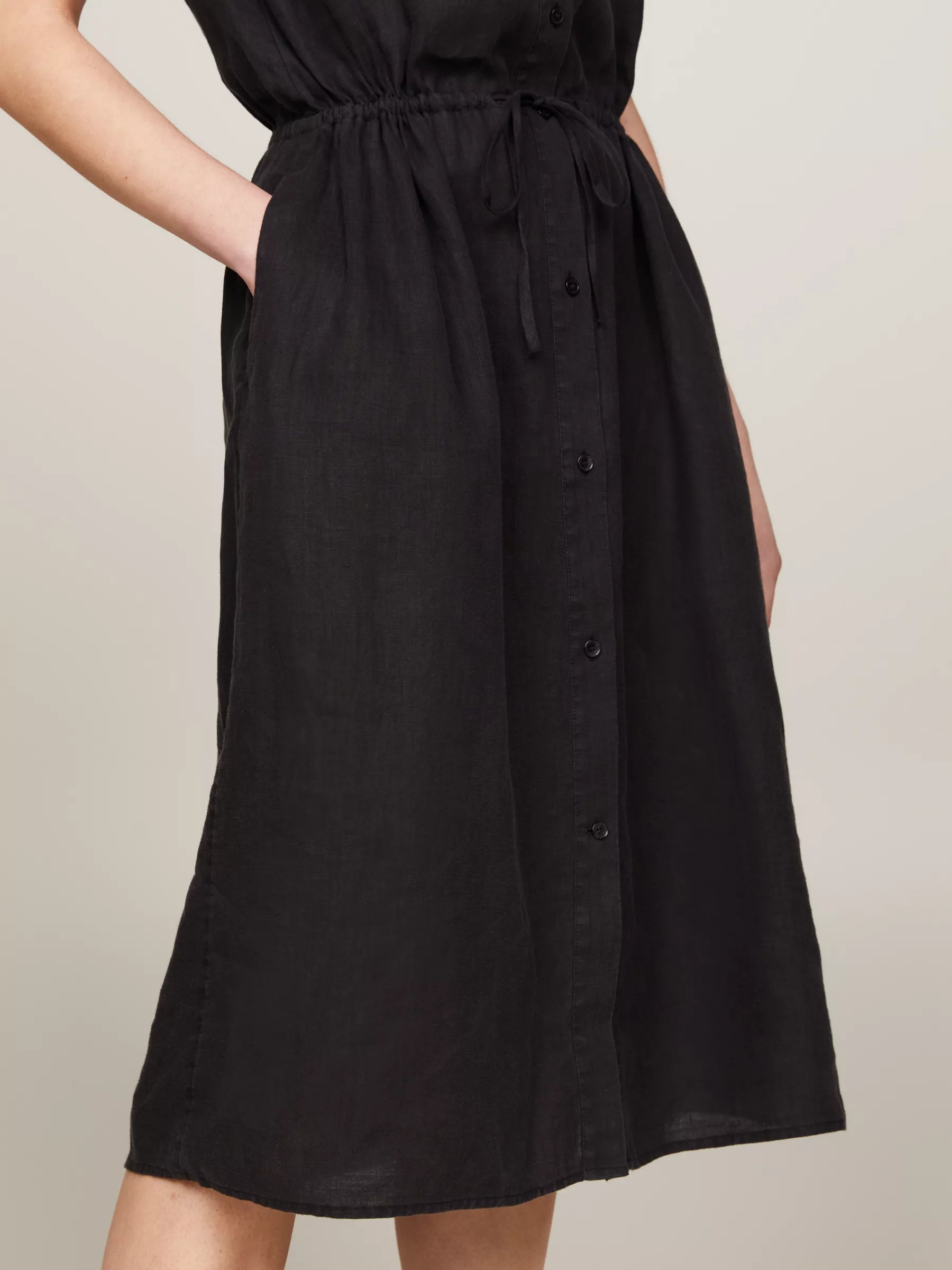 Linen Shirt Midi Dress, Black