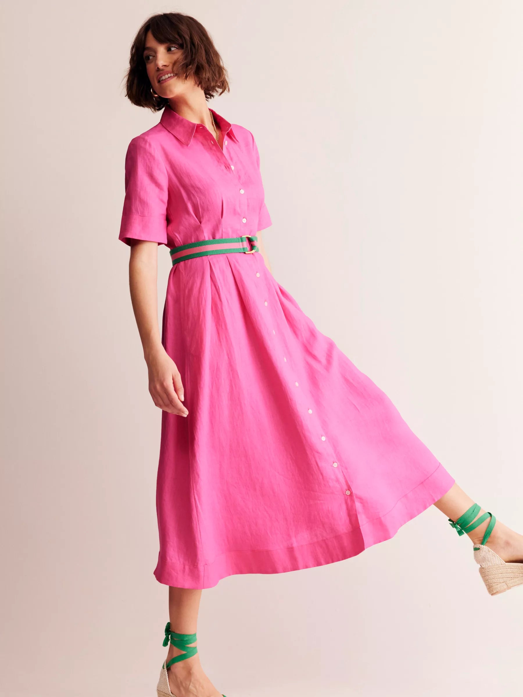 Linen Midi Shirt Dress, Pink