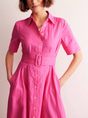 Linen Midi Shirt Dress, Pink