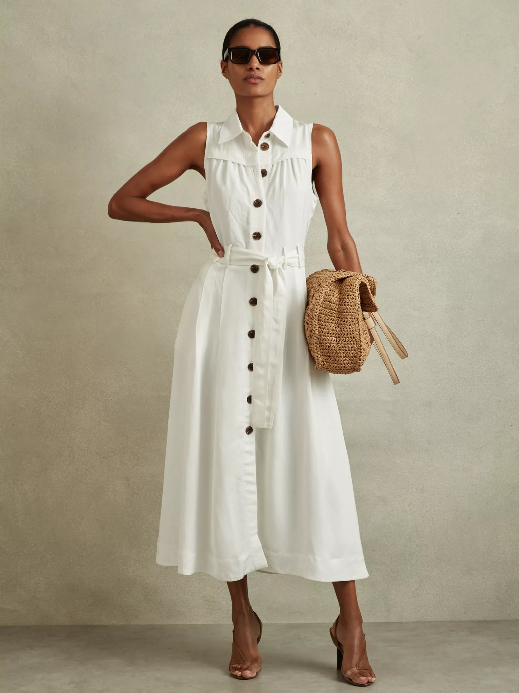Linen Blend Sleeveless Midi Shirt Dress, White