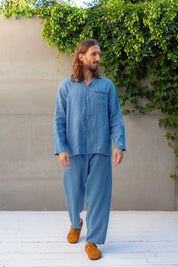 Blue Men's Linen Pjama Set