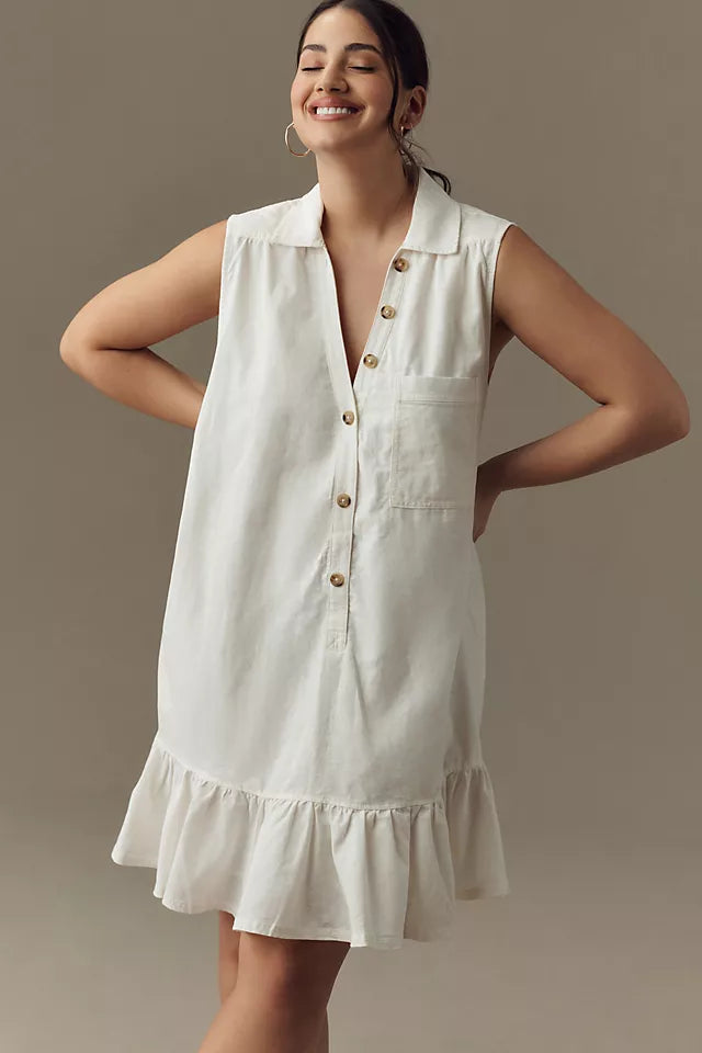 Sleeveless V-Neck Linen Flounce Mini Dress