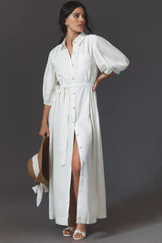 Button-Front Belted Maxi Shirt Dress