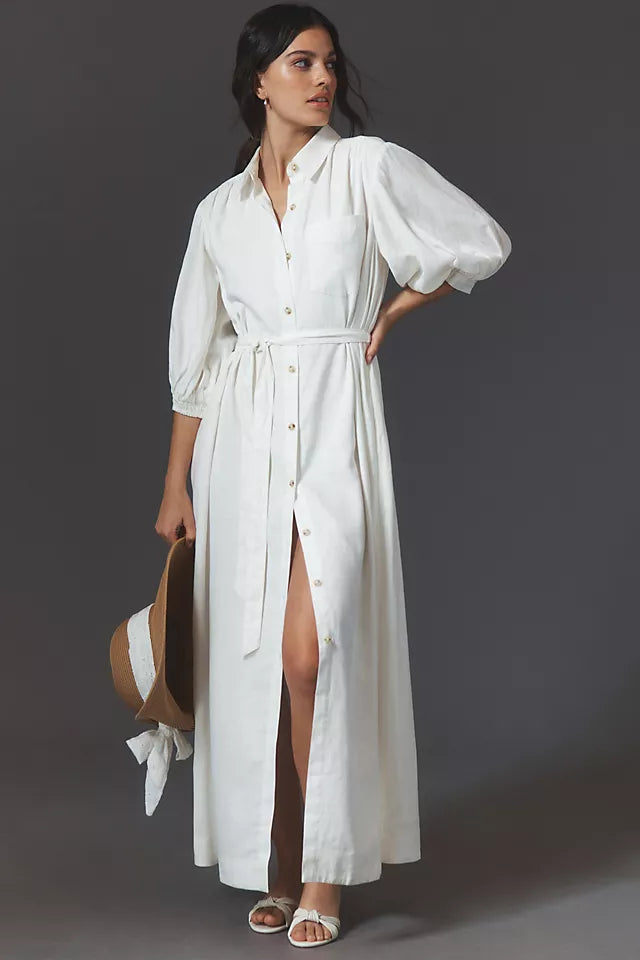 Button-Front Belted Maxi Shirt Dress