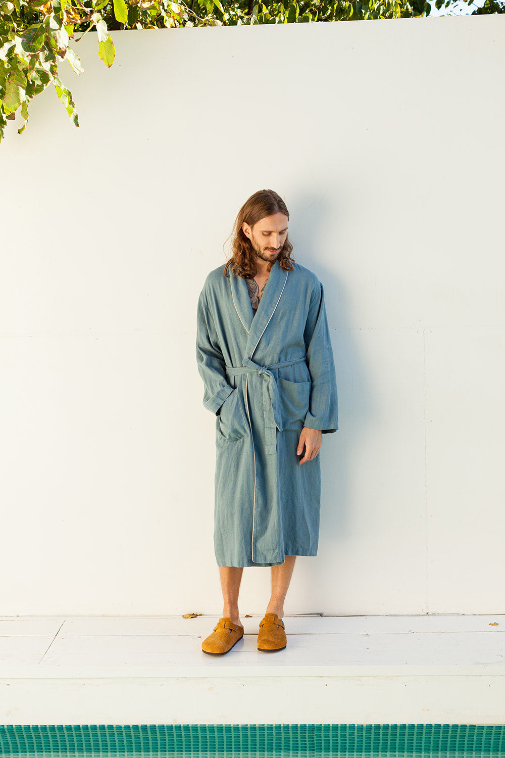 Blue Men's Long Linen Robe