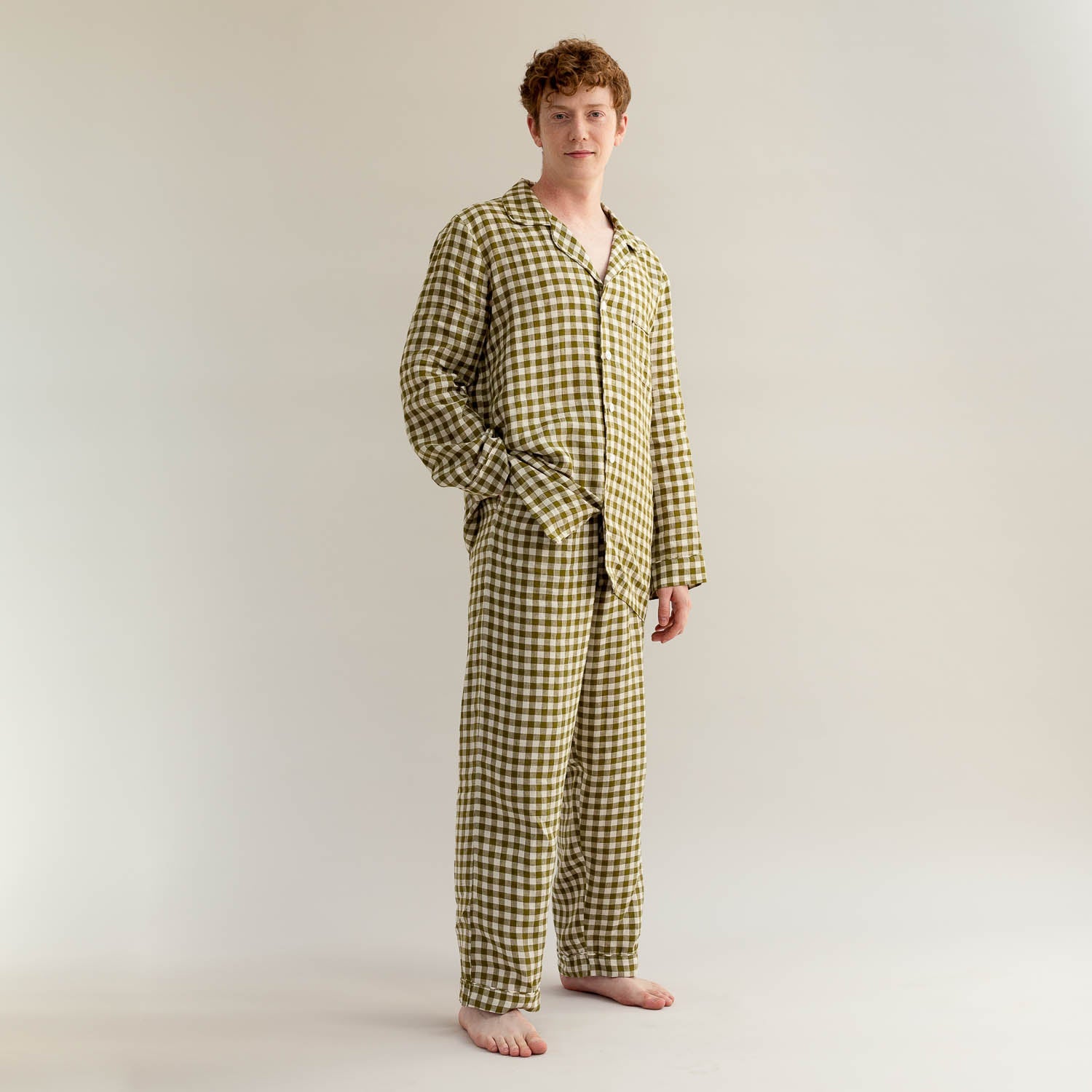 Men's Botanical Green Gingham Linen Pyjama Trouser Set