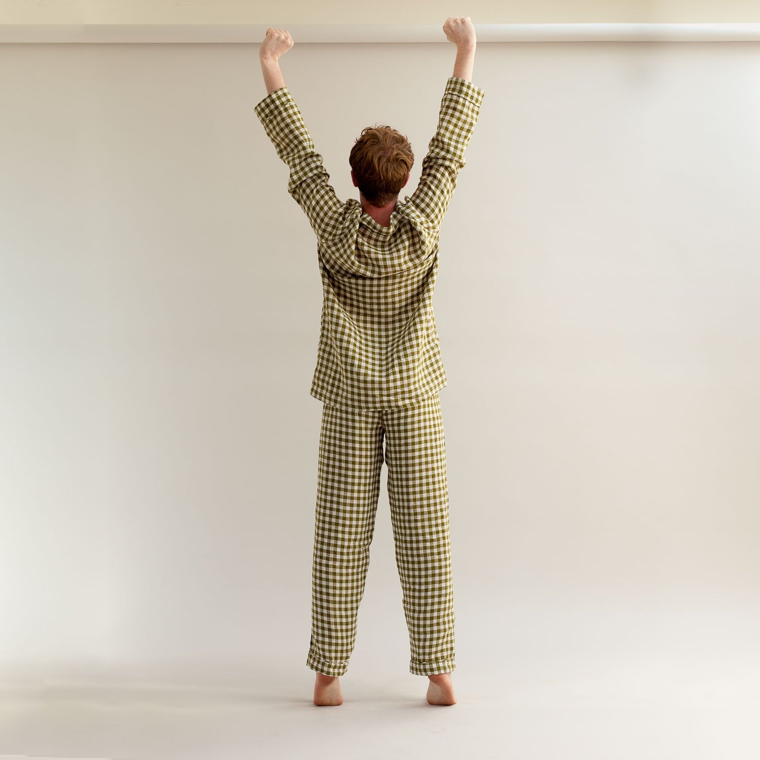 Men's Botanical Green Gingham Linen Pyjama Trouser Set