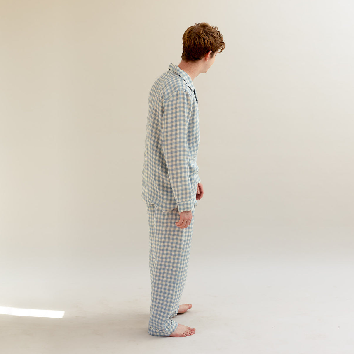 Men's Warm Blue Gingham Linen Pyjama Trouser Set