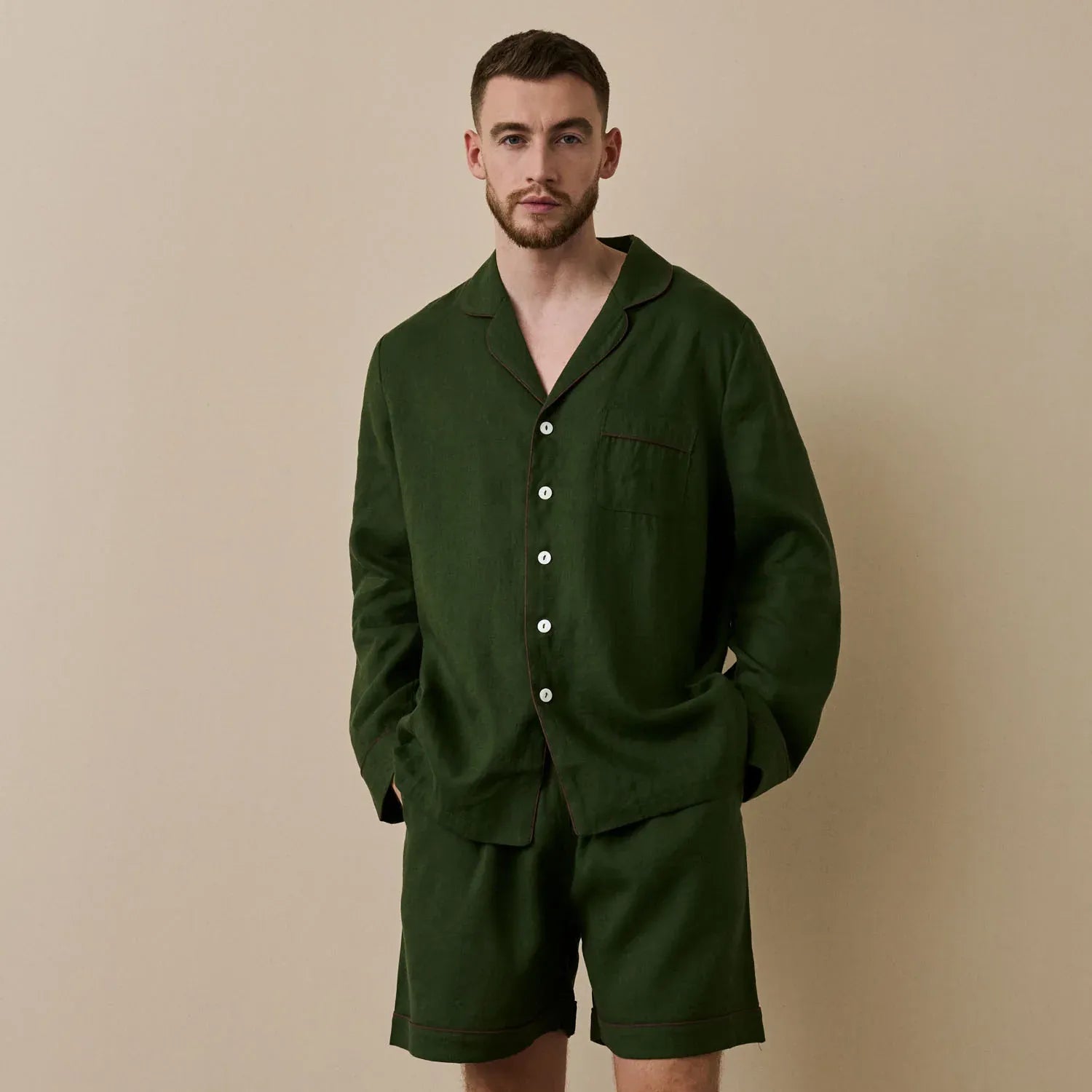 Green Linen Men's Pyjama Short Set