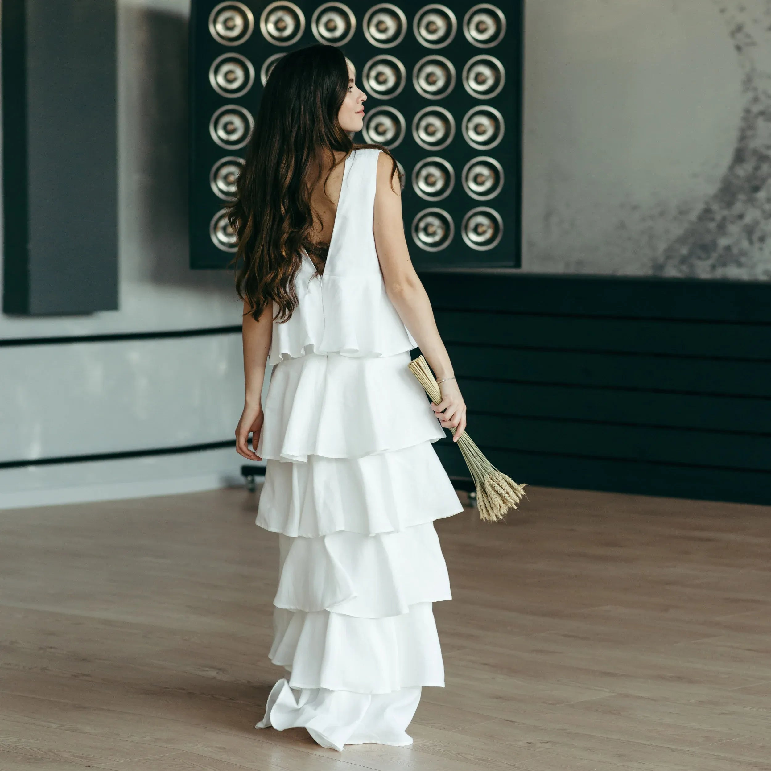 White Tiered Linen Wedding Dres