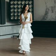 White Tiered Linen Wedding Dres