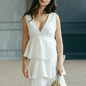 White Tiered Linen Wedding Dres