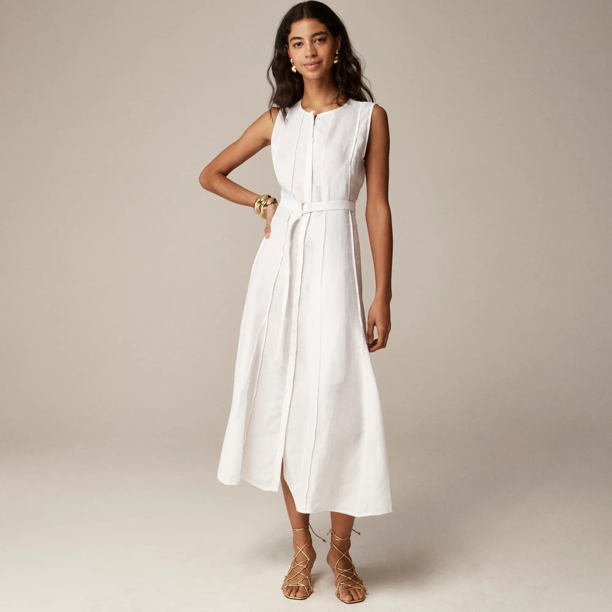 Seamed linen dress with removable belt
