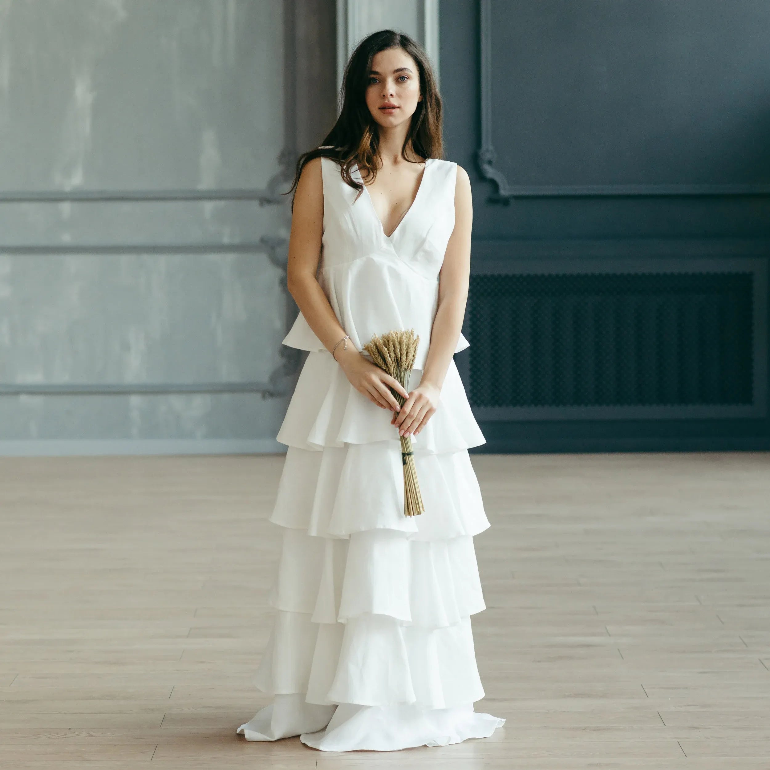 White Tiered Linen Wedding Dres