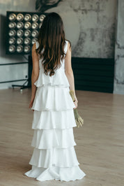 White Tiered Linen Wedding Dres