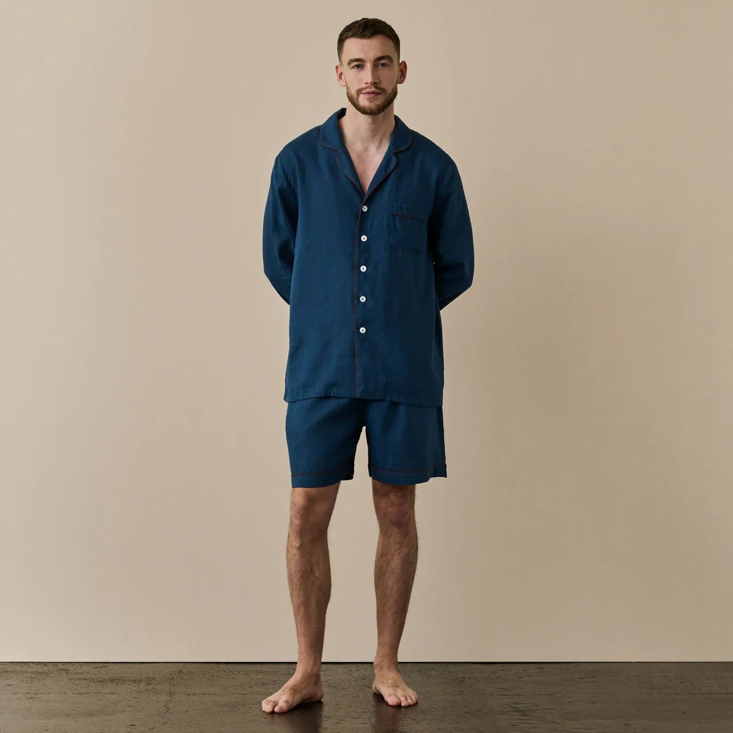 Blue Linen Men's Pyjama Short Set