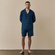 Blue Linen Men's Pyjama Short Set