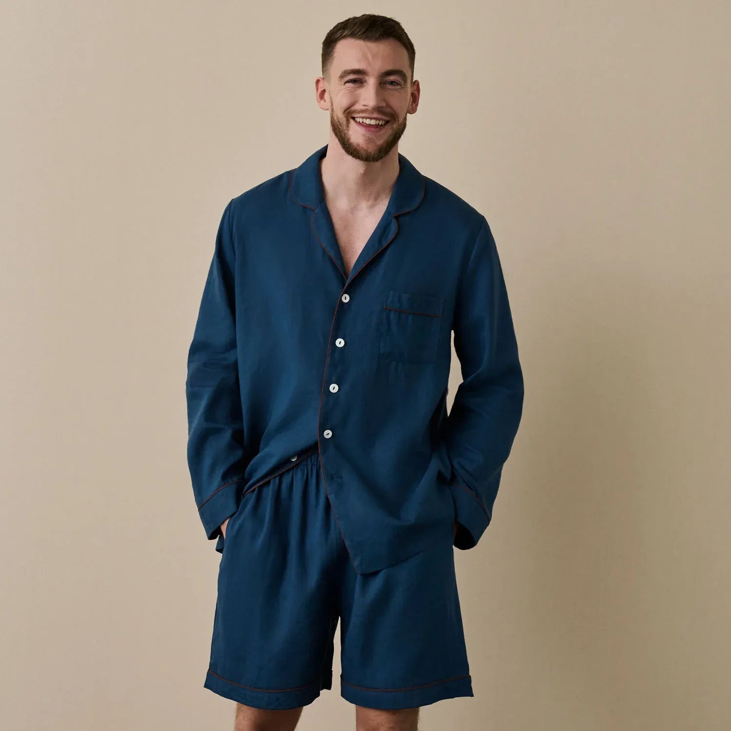 Blue Linen Men's Pyjama Short Set