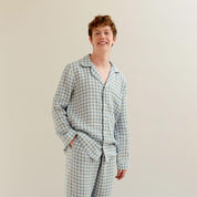Men's Warm Blue Gingham Linen Pyjama Trouser Set