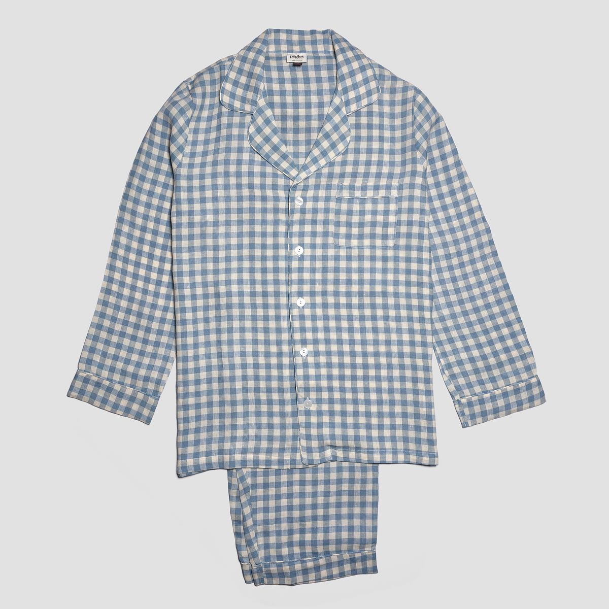 Men's Warm Blue Gingham Linen Pyjama Trouser Set