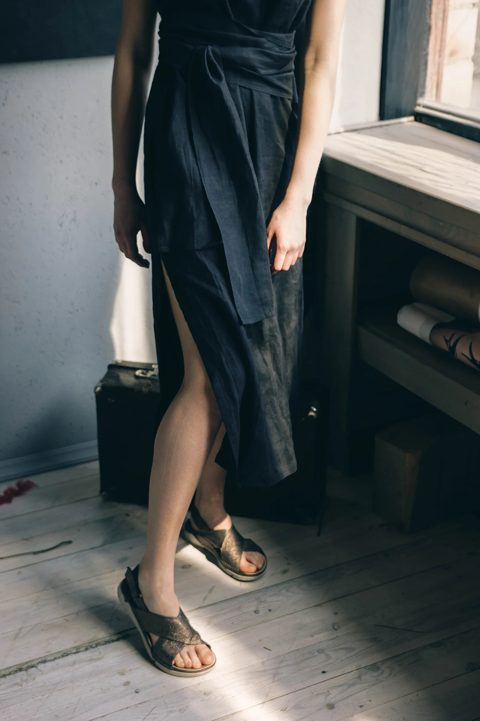 BLACK LINEN DRESS with pockets maxi black