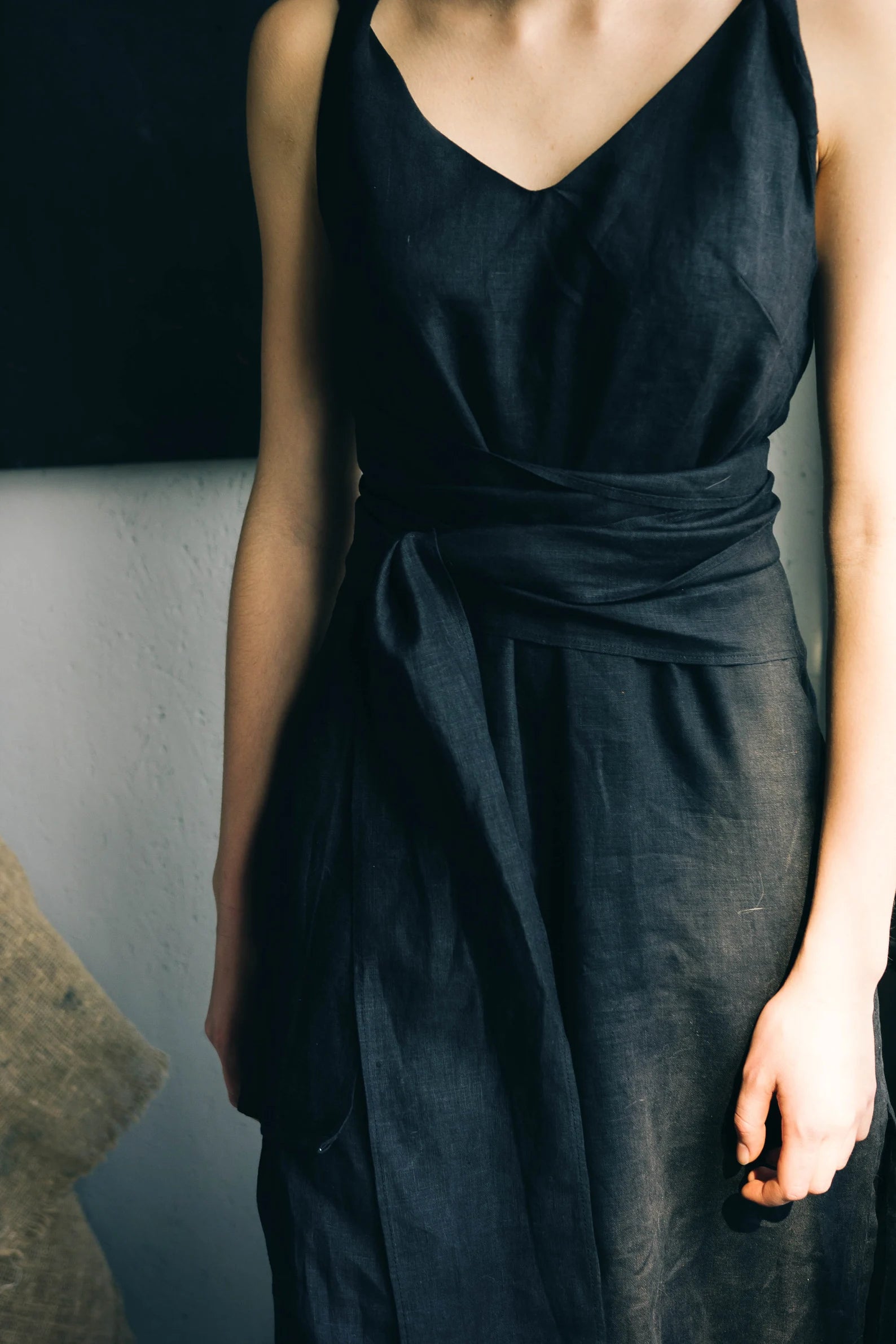 BLACK LINEN DRESS with pockets maxi black