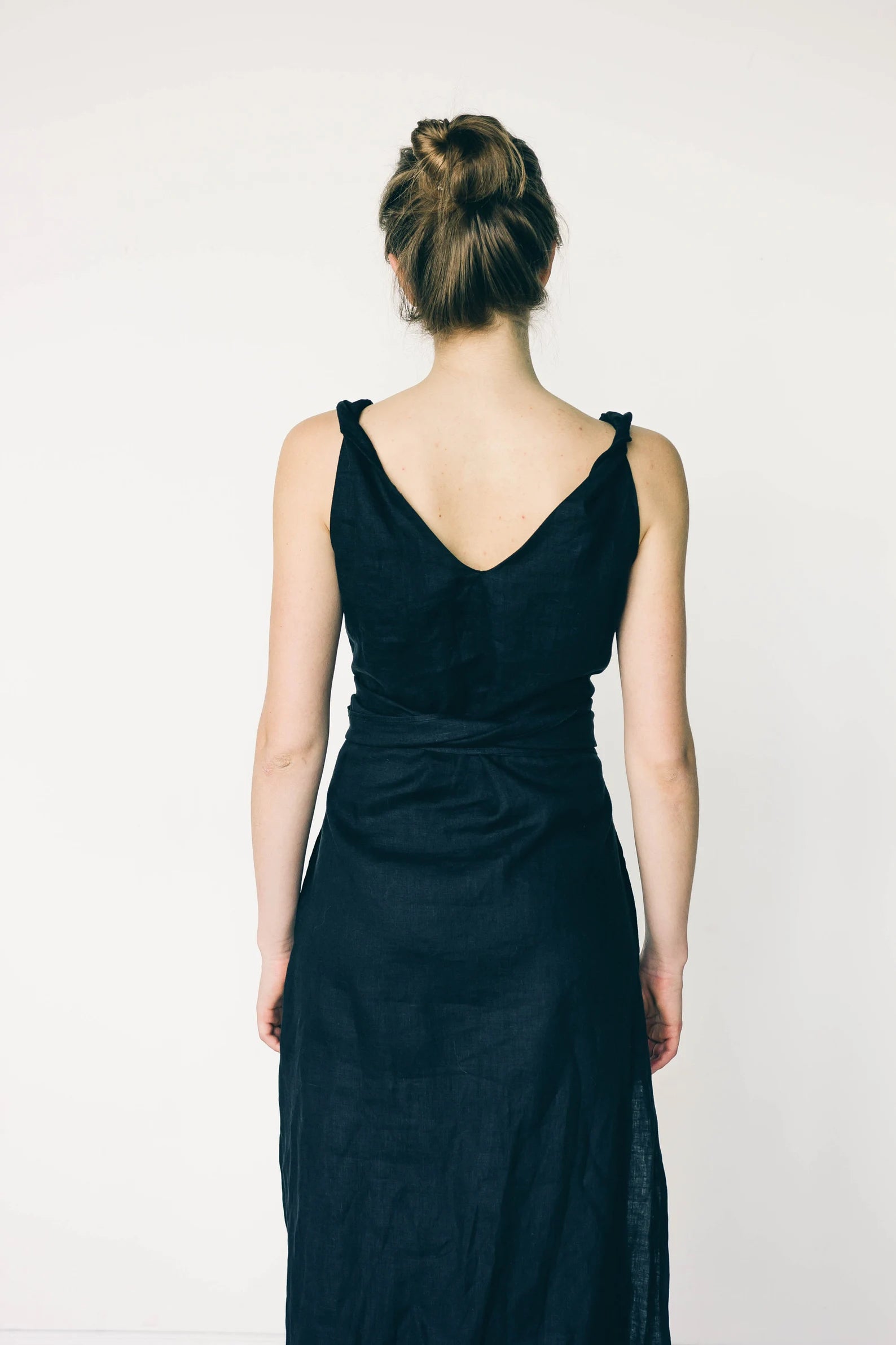BLACK LINEN DRESS with pockets maxi black