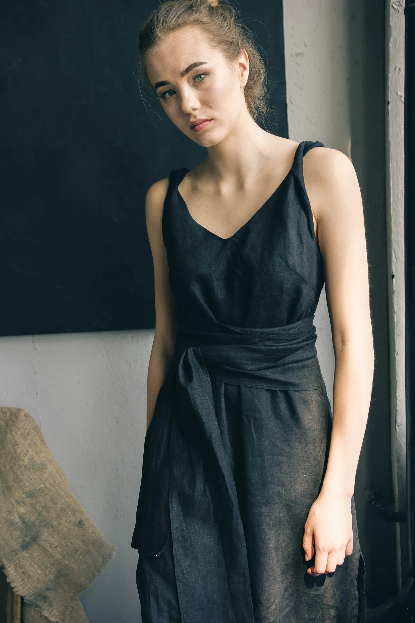 BLACK LINEN DRESS with pockets maxi black