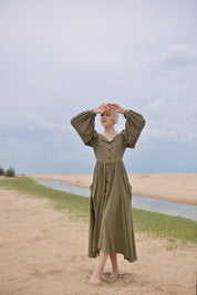 Long Puff Sleeves Linen Dress with Pockets - Vintage Style