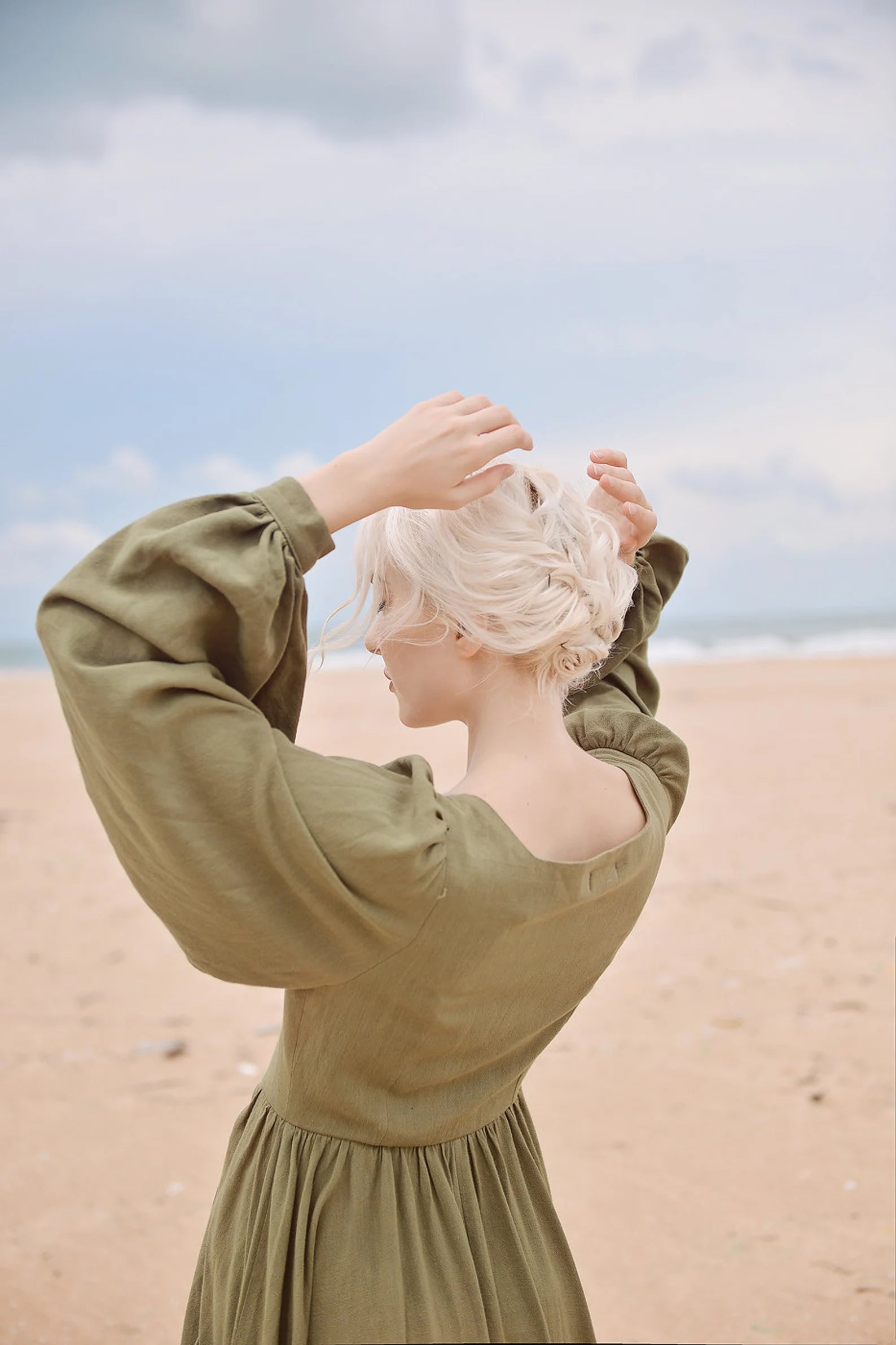 Long Puff Sleeves Linen Dress with Pockets - Vintage Style