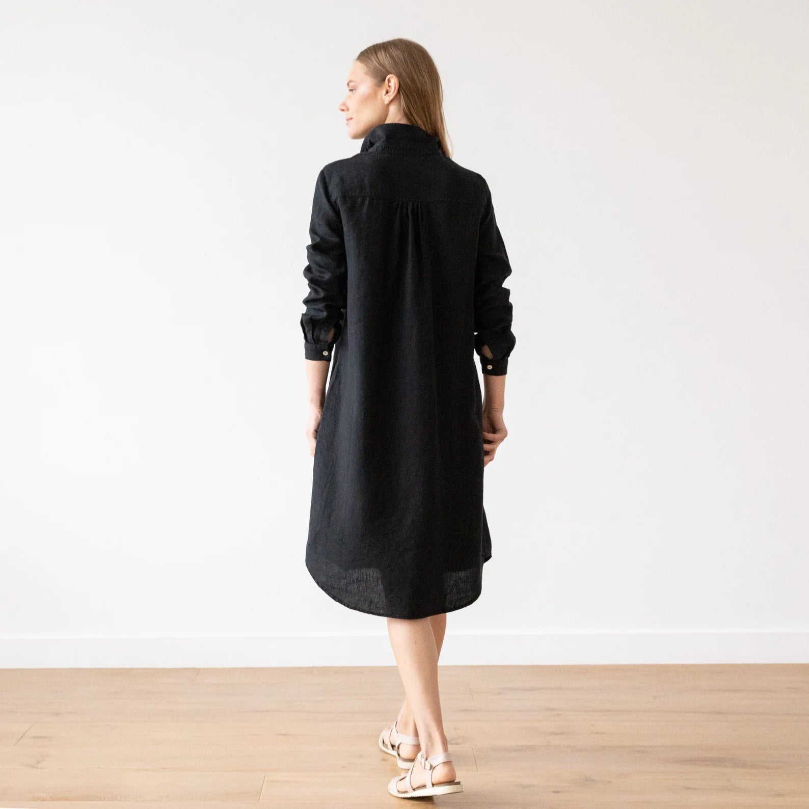 Washed Linen A Shape Shirt Dress in Black