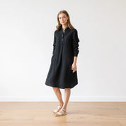 Washed Linen A Shape Shirt Dress in Black