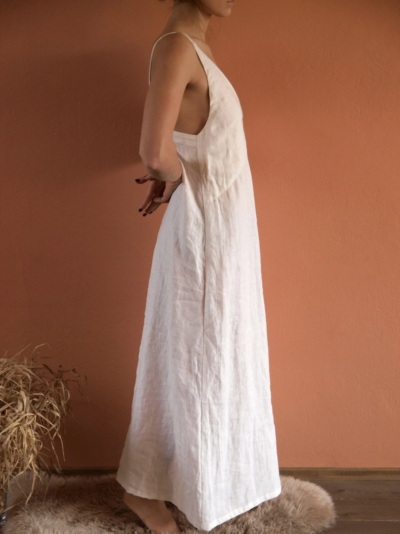 Linen nightgown deep V dress