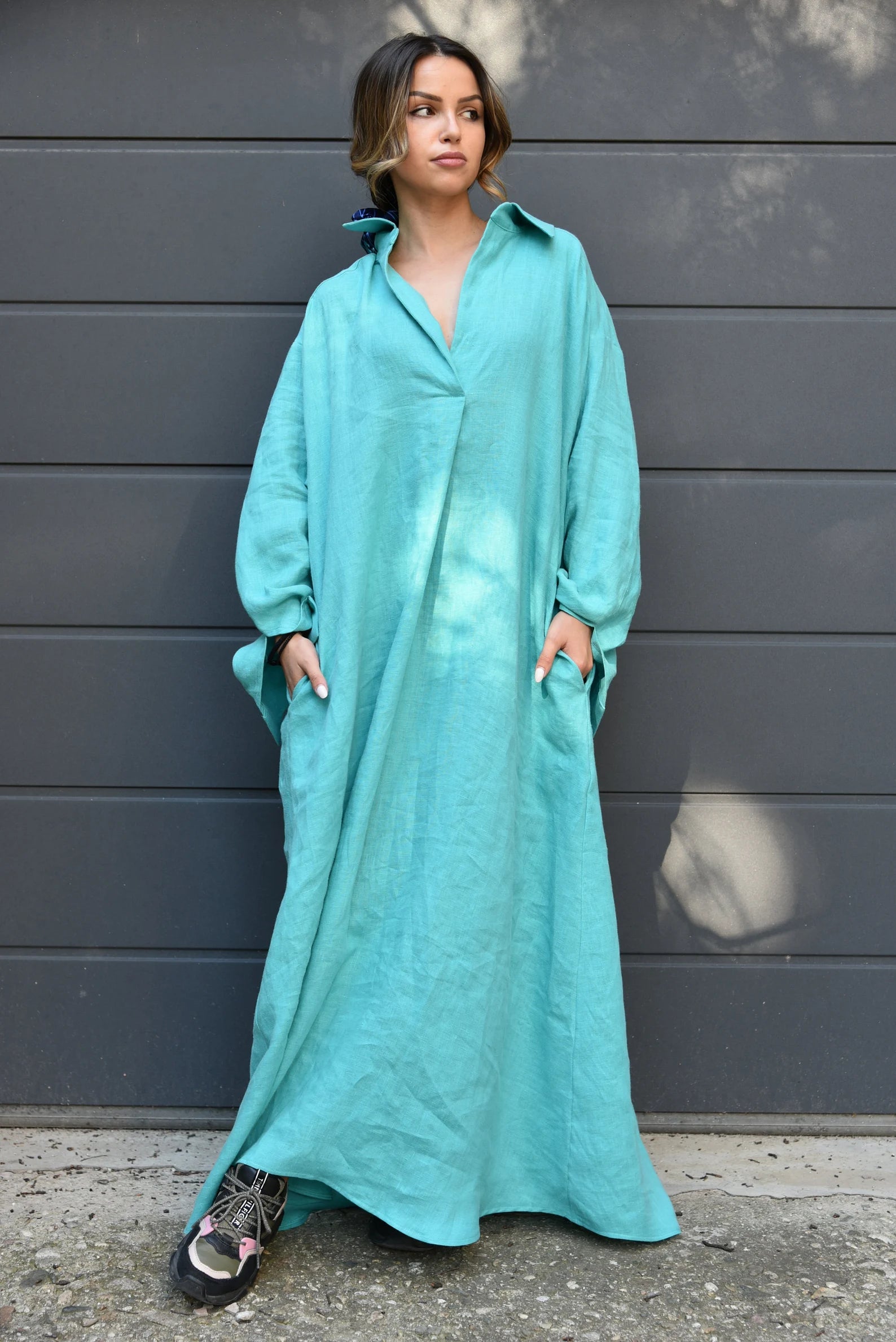 Flax Linen Shirt Dress BIG LONG OVERSIZE