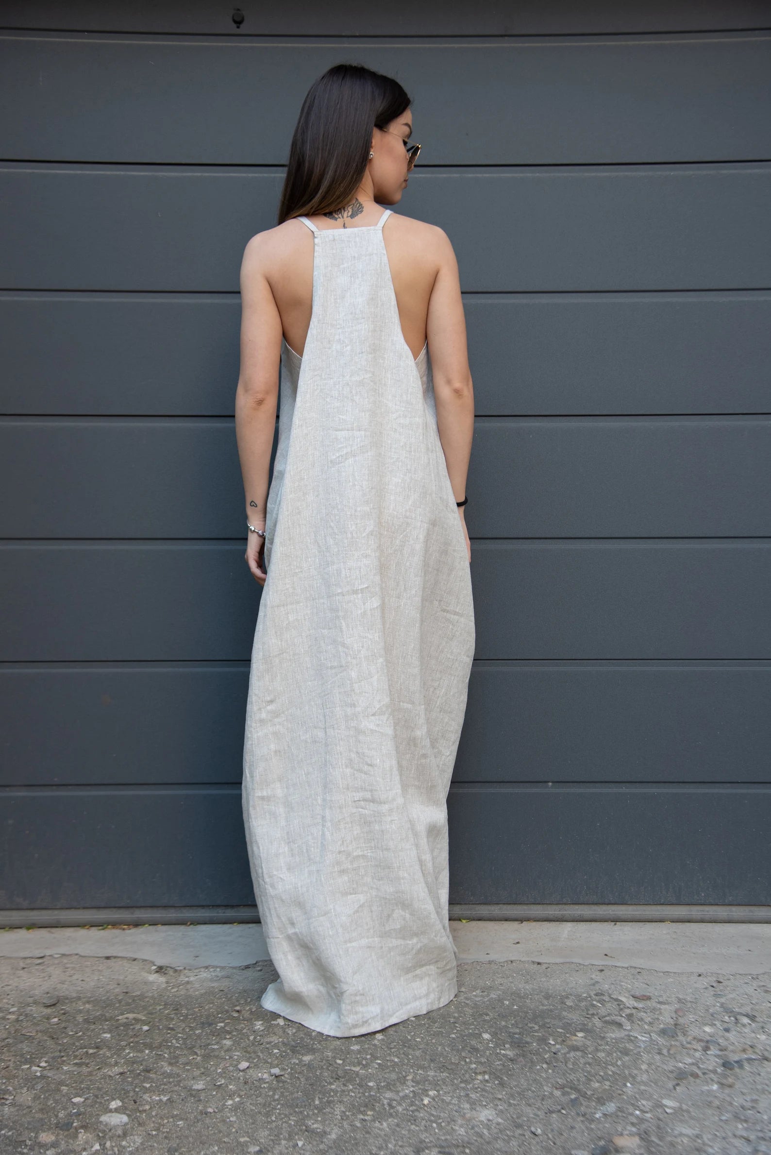 Loose Linen Full Length Kaftan Maxi Open Back Dress