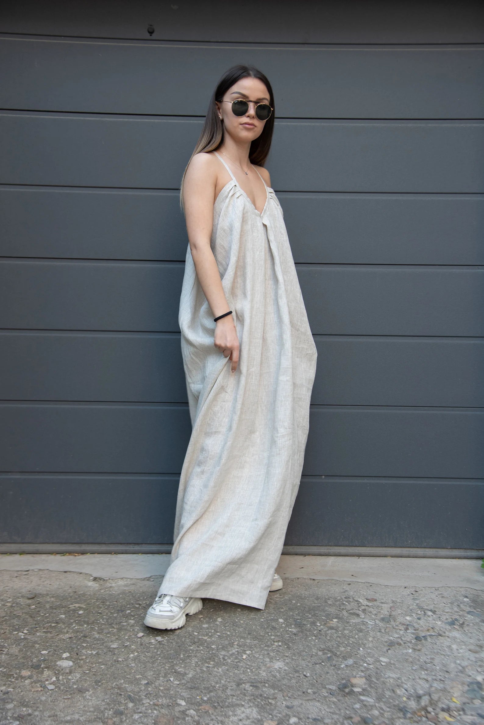 Loose Linen Full Length Kaftan Maxi Open Back Dress