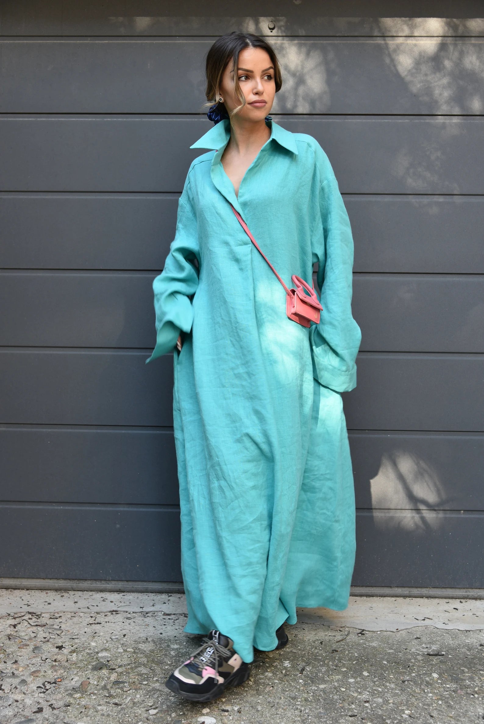 Flax Linen Shirt Dress BIG LONG OVERSIZE