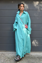 Flax Linen Shirt Dress BIG LONG OVERSIZE