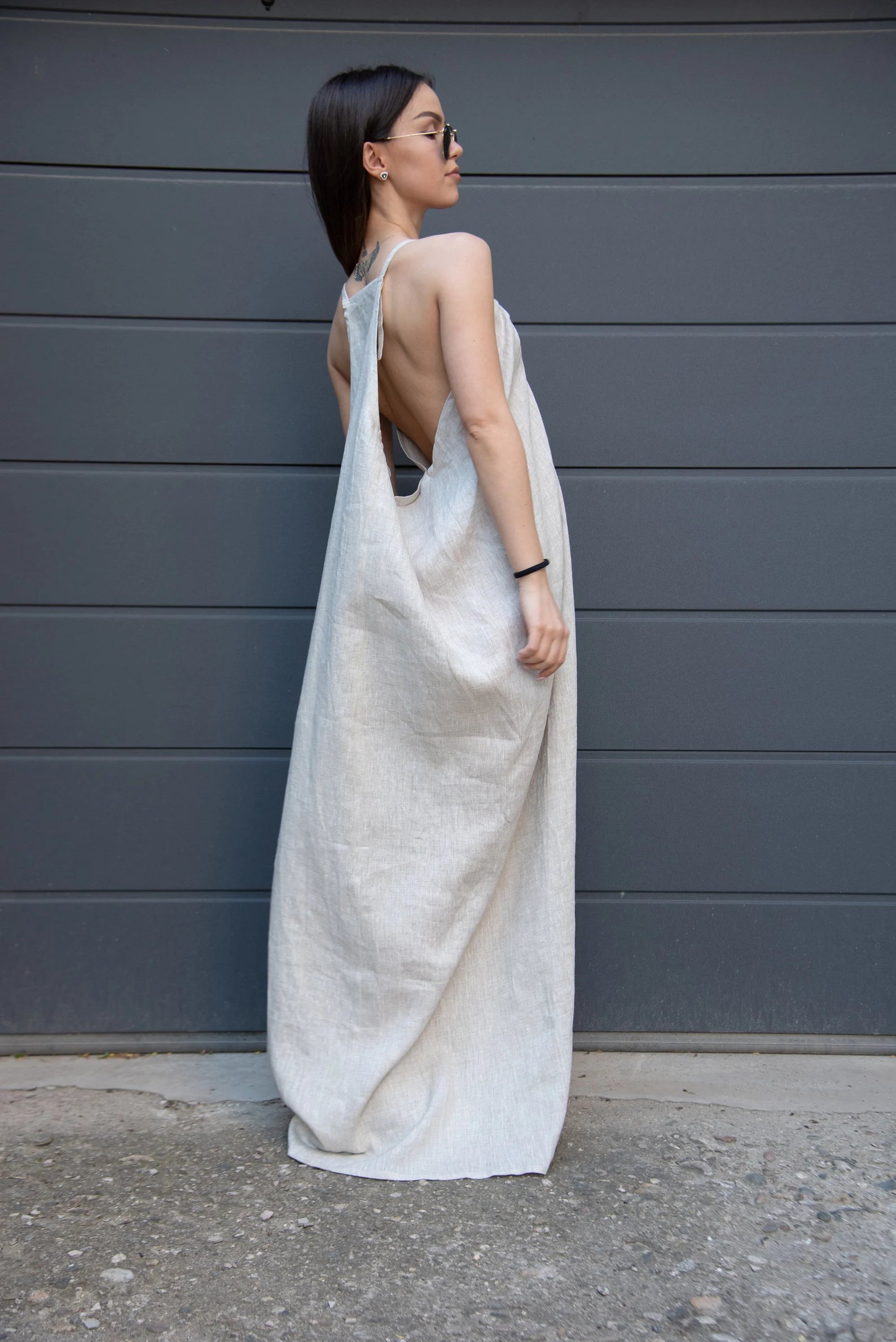 Loose Linen Full Length Kaftan Maxi Open Back Dress