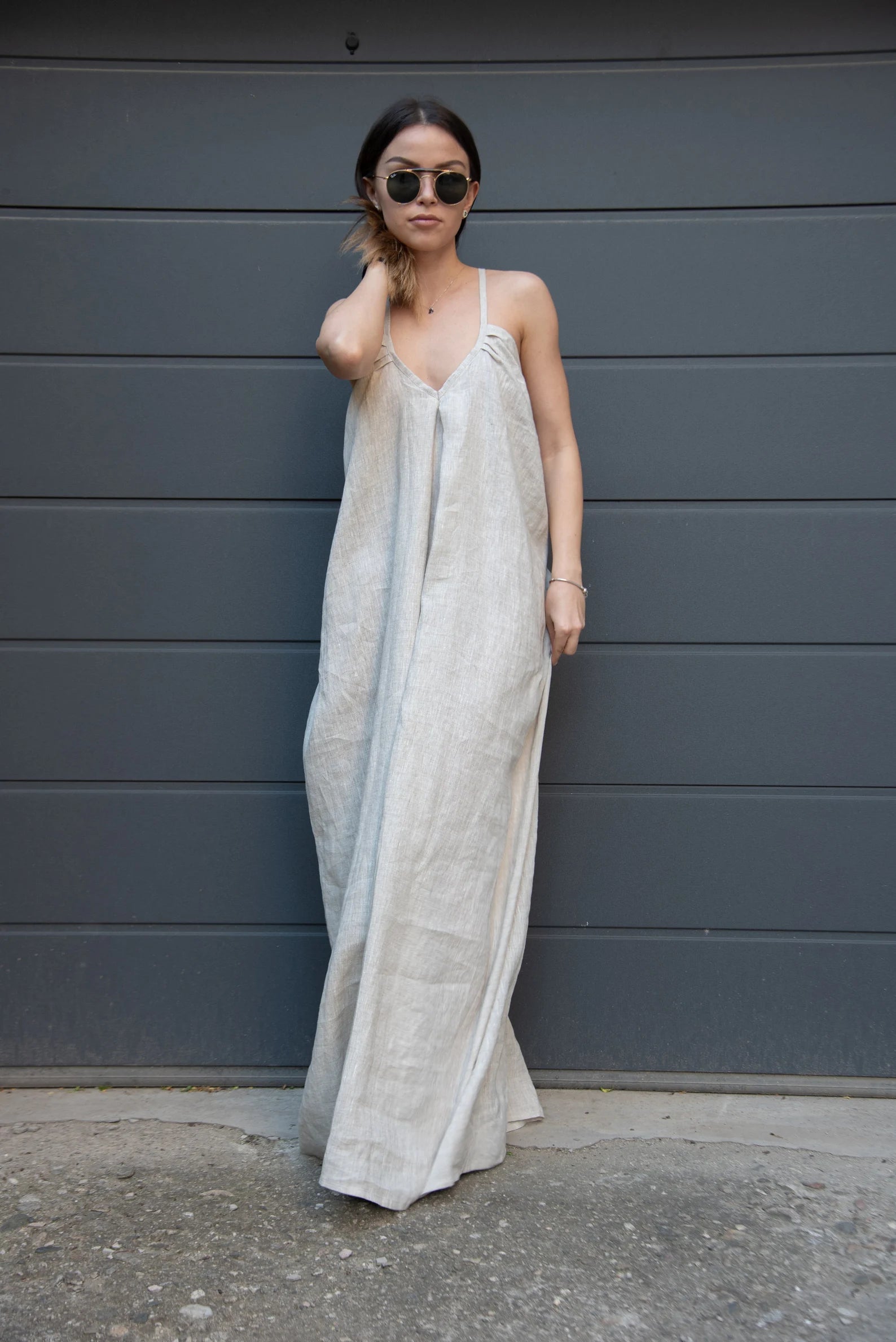 Loose Linen Full Length Kaftan Maxi Open Back Dress