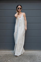 Loose Linen Full Length Kaftan Maxi Open Back Dress
